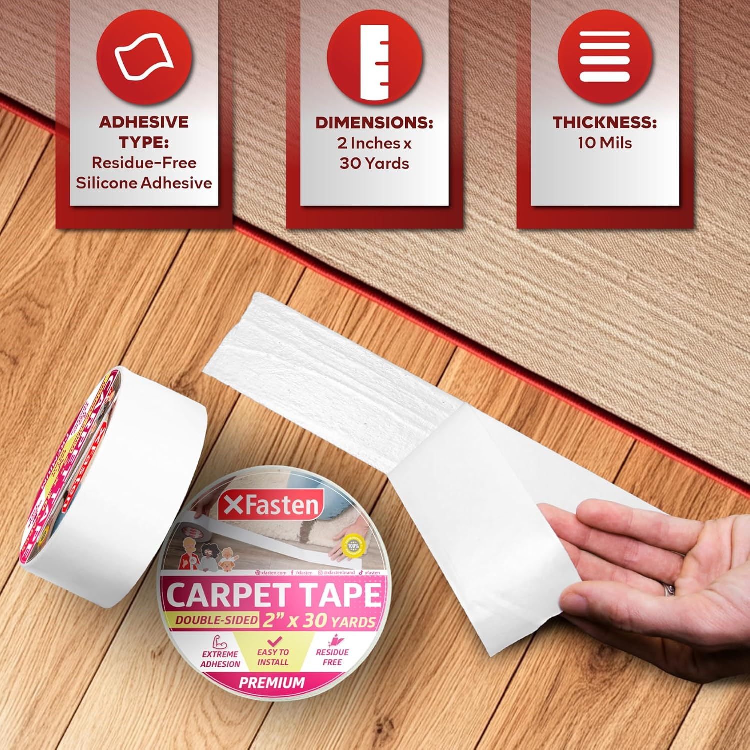 XFasten Double Sided Carpet Tape for Area Rugs 2 Inch x 30 Yards, Residue-Free Carpet Tiles Tape,... | Amazon (US)