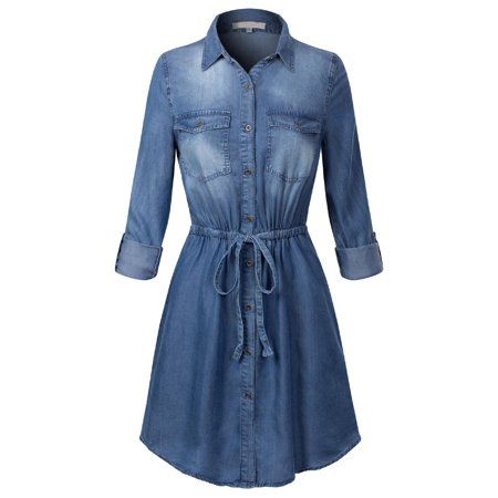 Made by Olivia Women's Long Sleeve Above Knee Drawstring Chambray Denim Shirt Dress | Walmart (US)