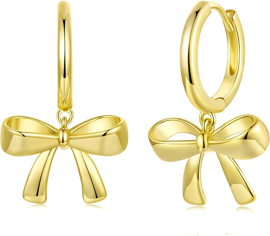 MUNDELL 14K Gold Plated Solid 925 Sterling Silver Post Bow Drop Earrings | Dainty Bowknot Hypoall... | Amazon (US)
