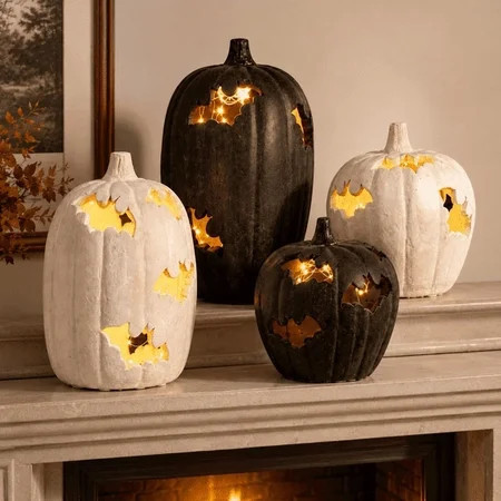 Fall Pumpkin Decor for Halloween, Bat Cutout Jack-O-Lantern Statue for Tabletop Mantel Shelf Fireplace Entryway Porch and Home Decoration | Walmart (US)