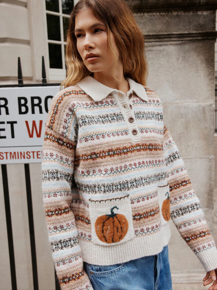 Autumn Pumpkin Fairisle Knitted Long Sleeve Polo Jumper | Next US