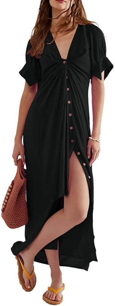 OWNGIGI Women's 2023 Spring Summer Maxi Dress Causal Wrap V-Neck Boutton Slit Puff Short Sleeve B... | Amazon (US)