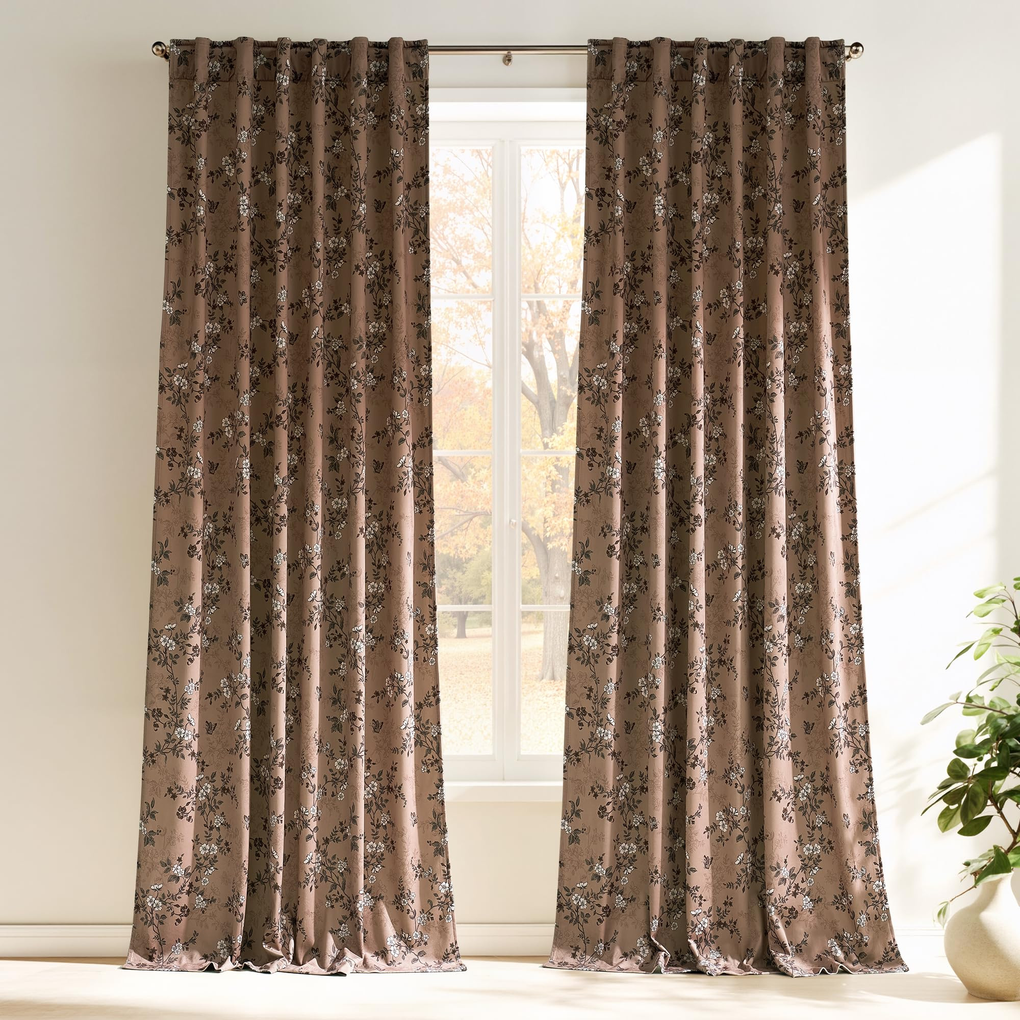 RYB HOME Vintage Country Taupe Floral Velvet Curtains, Printed Flower Design Home Decoration Soft... | Amazon (US)