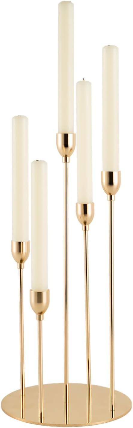 VINCIGANT Gold Taper Candle Holders,Metal 5 Arms Candelabra Candlestick Holders for Christmas Hom... | Amazon (US)