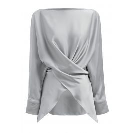 Boat Neck Crisscross Waist Satin Top in Grey | Chicwish