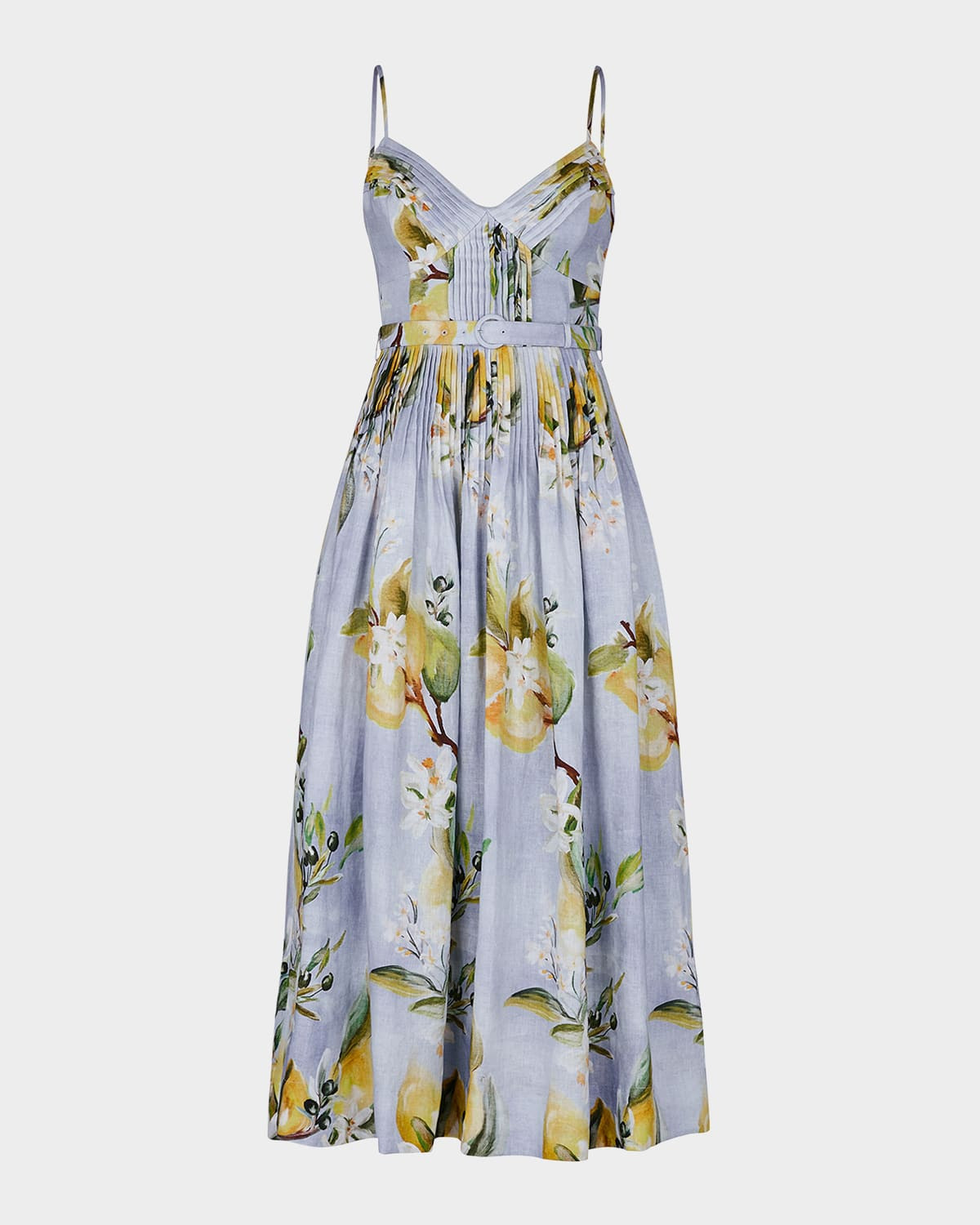Mireille Pintuck Floral-Print Linen Midi Dress | Neiman Marcus