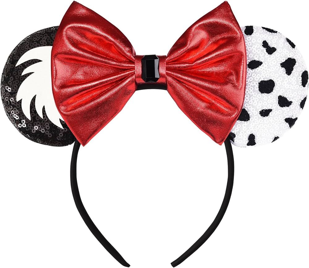 Cruella Minnie Ears Headband, Black and White Cruella Devil Costume Headband, Sparkle Rose Gold C... | Amazon (US)
