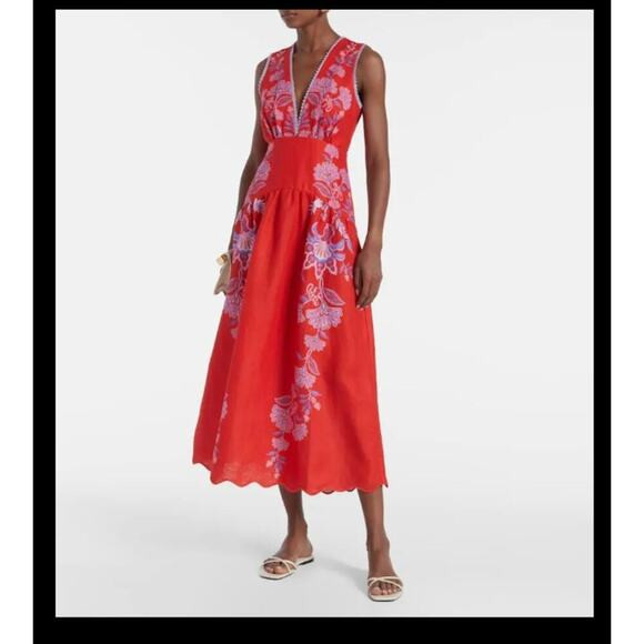 NEW NWT Farm Rio Porcelain Garden Floral Linen Midi Dress Size XS Red | Poshmark