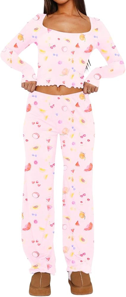 Dressmine Women Casual Pajamas Set 2 Piece PJs Sexy Square Neck Long Sleeve Tops Cute Pants Sets ... | Amazon (US)