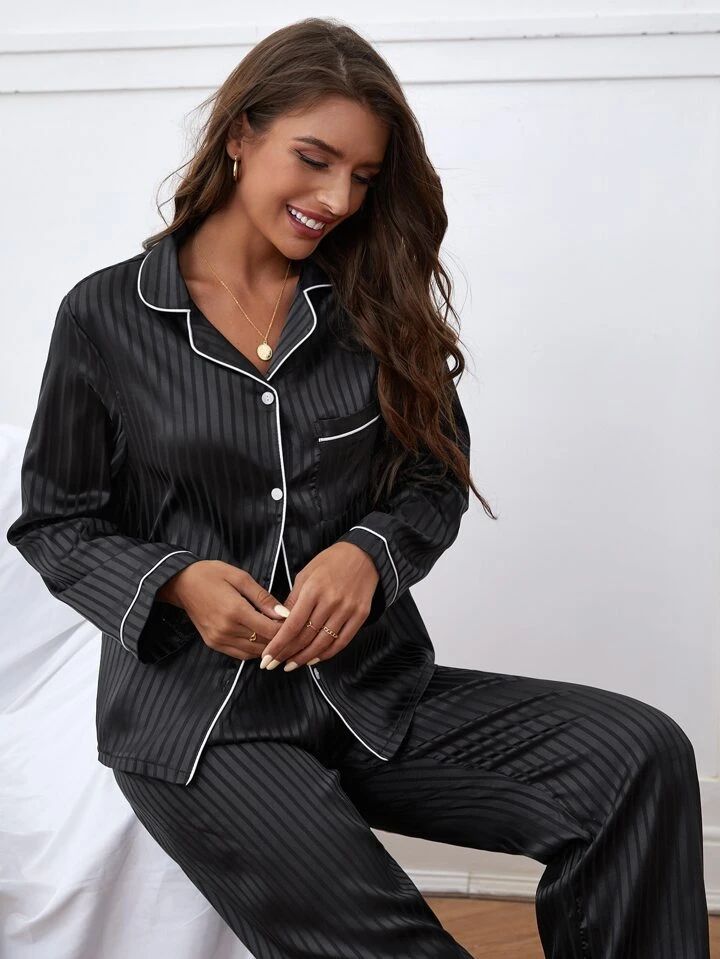 Striped Pocket Front Contrast Piping Satin PJ Set | SHEIN