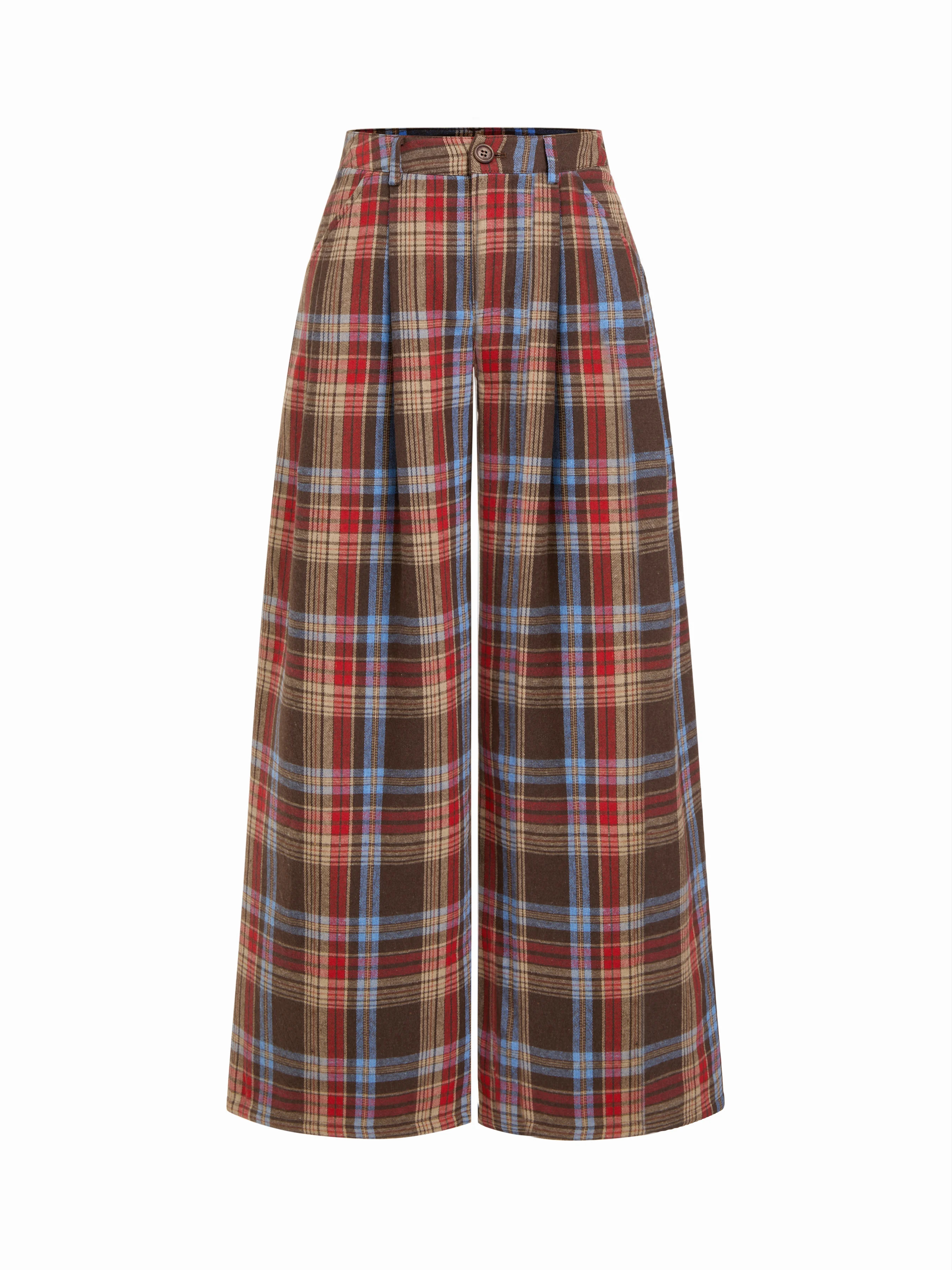 Woven Cotton-blend Mid Rise Plaid Wide Leg Trousers For Daily Casual | Cider