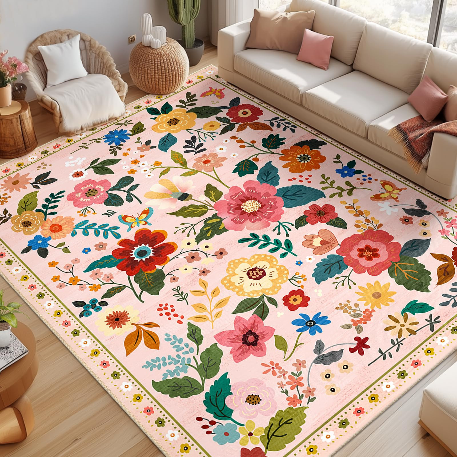 Floral 8x10 Area Rug Machine Washable Soft Print Boho Carpet Non Slip Doormat Low Pile Flower Are... | Amazon (US)