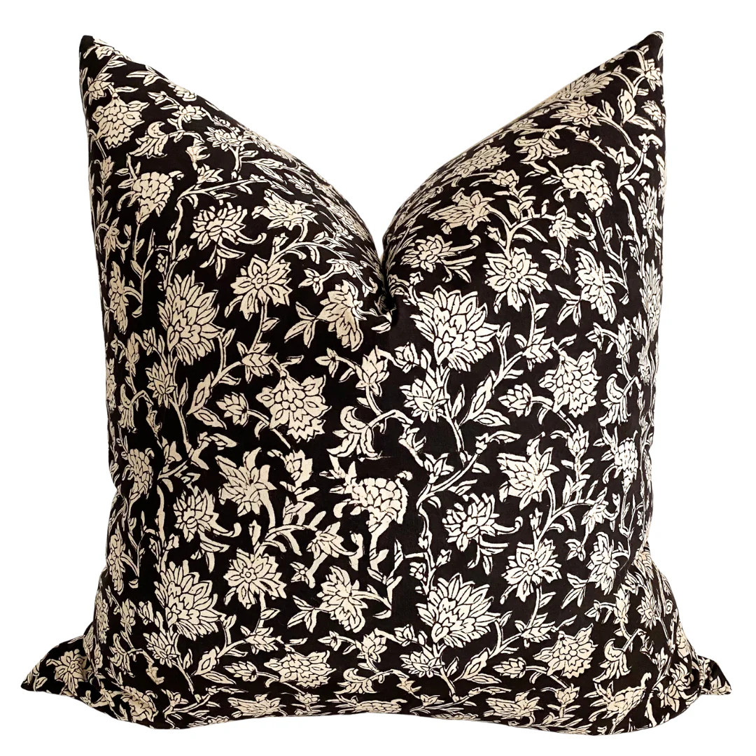 Black Floral Block Print Pillow Cover | Hackner Home (US)