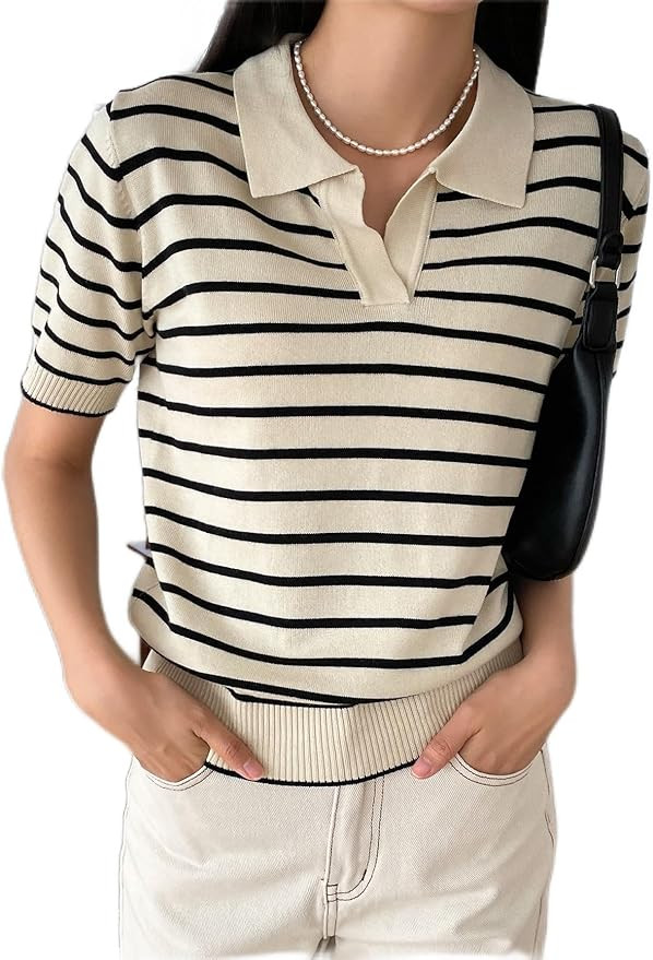 Floerns Women's Striped Print Short Sleeve Collar Neck Knitted Casual Tee Shirt | Amazon (US)