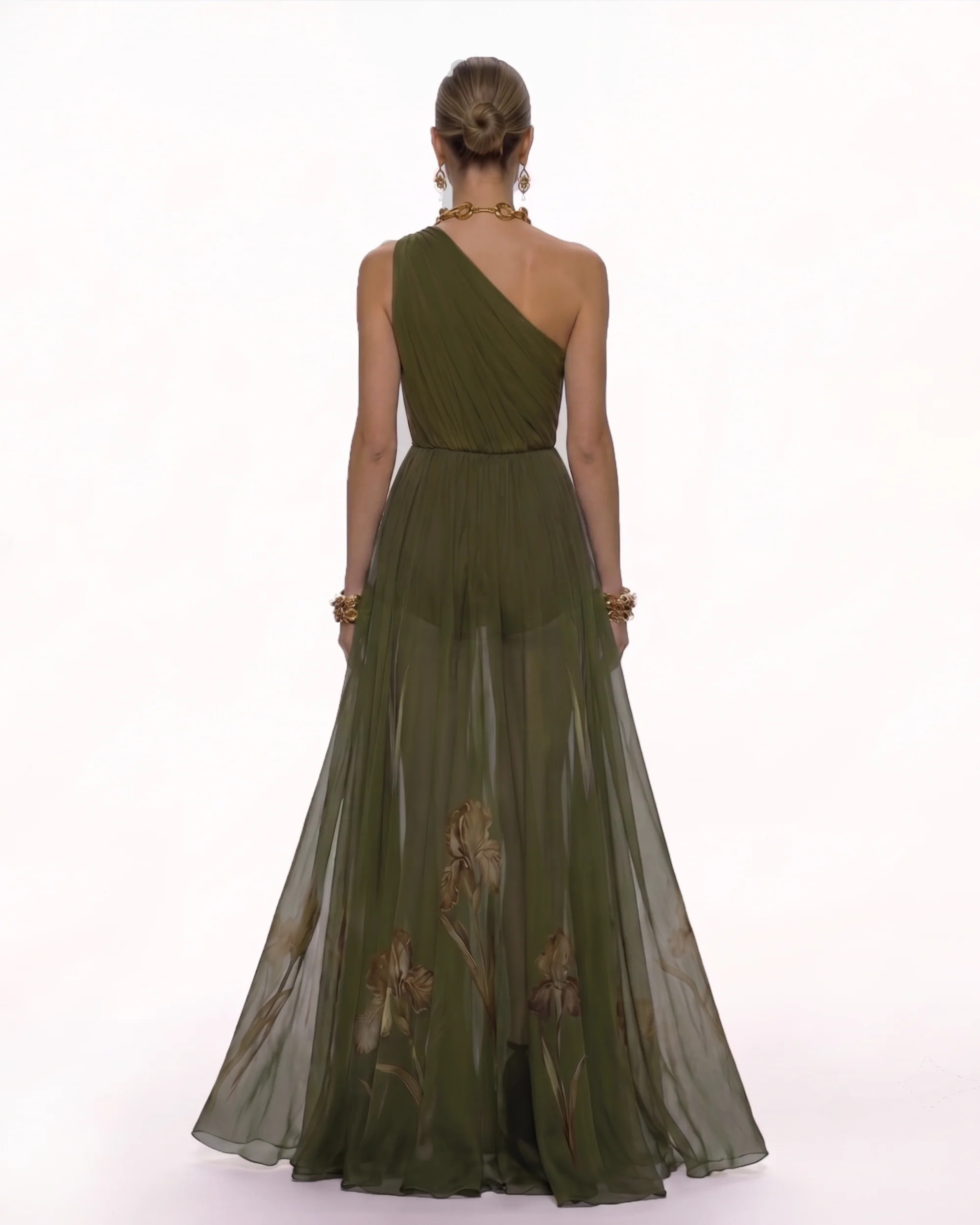 Floral One Shoulder Maxi Dress - Olive Green | JW PEI US