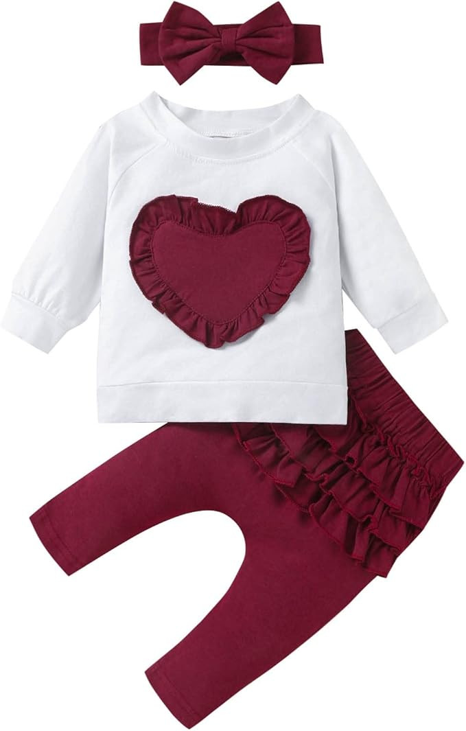 Dimoybabe Baby Girl Clothes Infant Outfits Set 3 Pieces Long Sleeve Sweatshirt Love Heart + Ruffl... | Amazon (US)