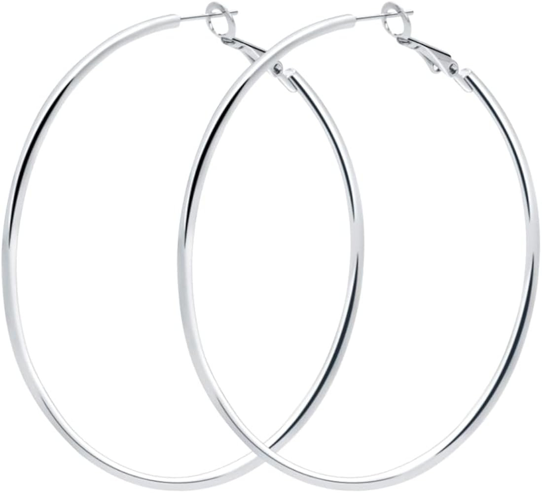925 Sterling Silver Hoop Earrings,18K White Gold Plated Polished Rounded Hoop Earrings For Women,... | Amazon (US)