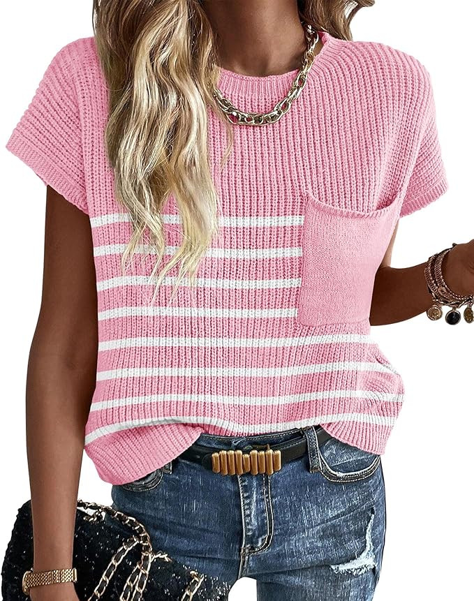 KIRUNDO Spring Summer Short Sleeve Sweater for Women 2026 Casual Sweater Vest Cotton Knit Pullove... | Amazon (US)