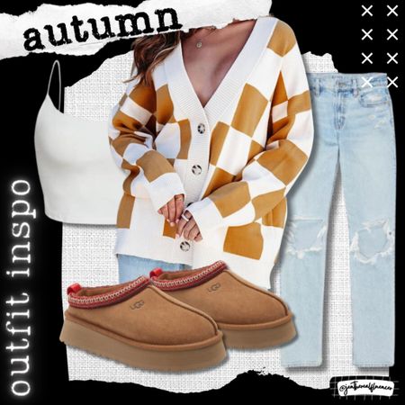 Autumn outfit inspiration, trendy, checkered sweater, light wash jeans, Uggs, crop tank, denim, fall fashion, fall style 

#LTKunder100 #LTKSeasonal #LTKstyletip