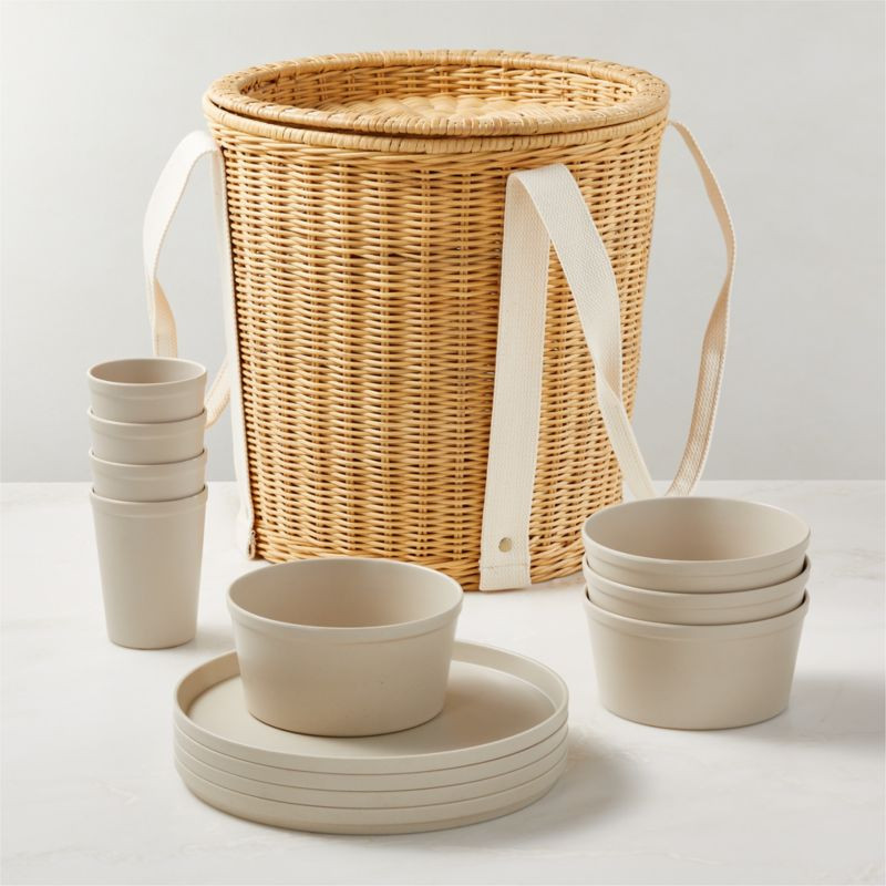 12-Piece Sojourn Melamine Set with Wicker Picnic Basket + Reviews | CB2 | CB2