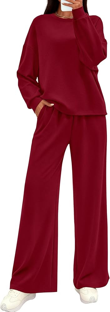 MASCOMODA Womens Fall Sweatsuits Two Piece Sets Crewneck Long Sleeve Tops Wide Leg Pants Casual T... | Amazon (US)