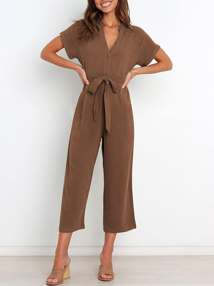 ANRABESS Women's Short Sleeve V Neck Buttons Waist Belt Straight Wide Leg Cropped Jumpsuits Rompers  | Amazon (US)