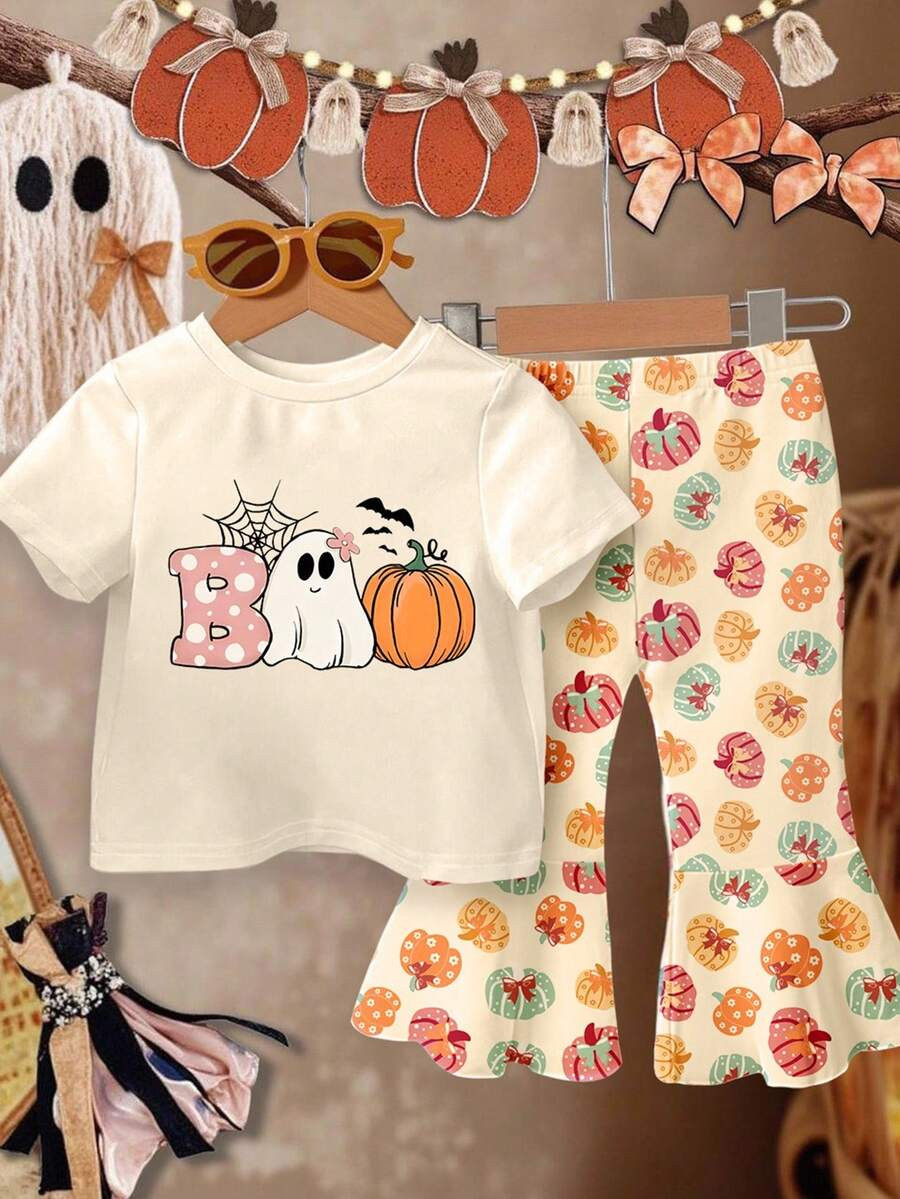 SHEIN Vintaside Kids 2pcs Baby Girl Casual Fashion Cute Funny Cartoon Halloween Ghost Pumpkin Pat... | SHEIN