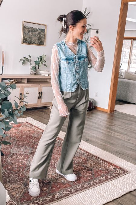 Today’s Easter outfit!
Church outfit 

Lace top is an Amazon find & denim vest is a target find! Small in both 

Abercrombie trousers pants 26
Nike sneakers 
Spring outfit 
Workwear
Spring outfits 

#LTKstyletip #LTKfindsunder50 #LTKshoecrush