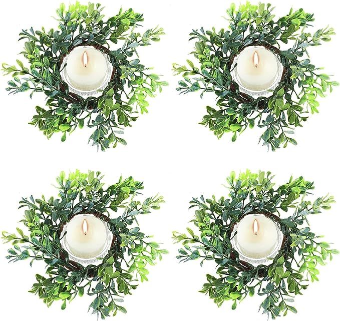 4 Pieces Candle Rings Artificial Eucalyptus Leaves Wreaths Candle Rings Wreaths Small Boho Wreath... | Amazon (US)