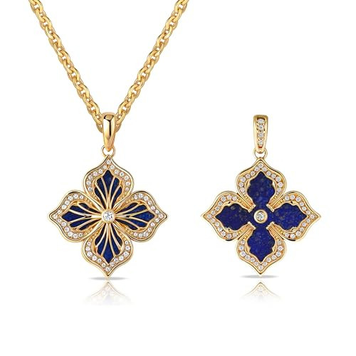 MEVECCO Gold Clover Necklace for Women 14K Gold Plated Clover Four Leaf Pendant Necklace Double Side With Diamond Vintage Filigree Flower Lapis Lazuli Charm Necklaces Jewelry Gift | Amazon (US)