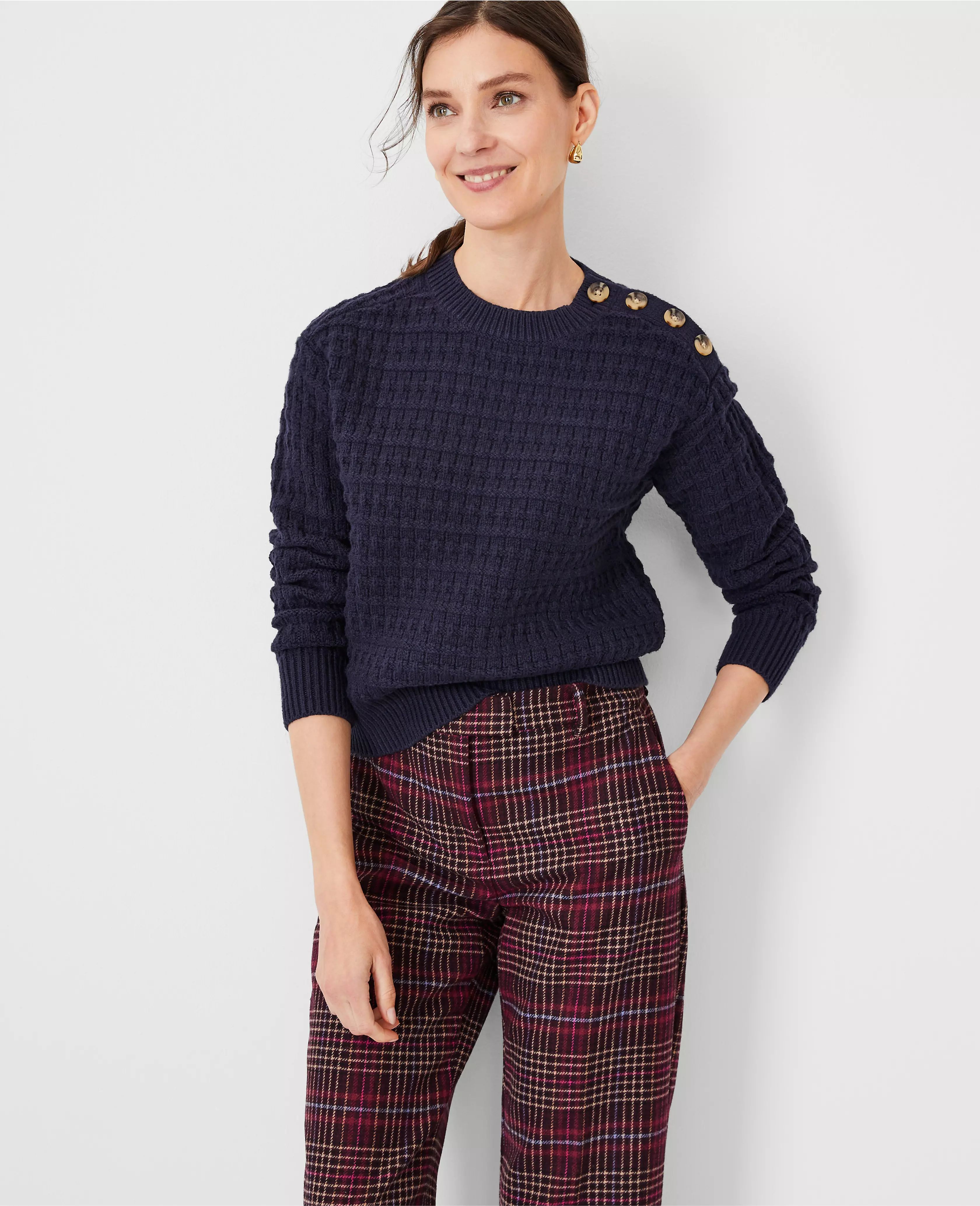 Geo Stitch Shoulder Button Sweater | Ann Taylor (US)