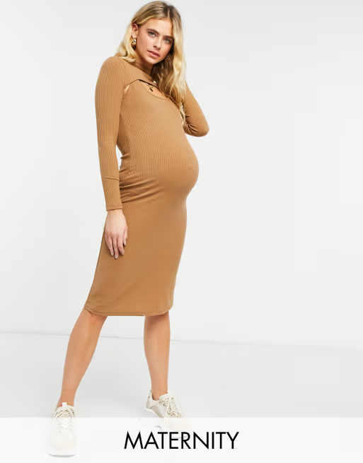 Fashion Union Maternity high neck cut out midi body-conscious dress in rib | ASOS (Global)