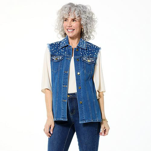 Iman Global Chic Studded Denim Vest - Blue - Size X-Small | HSN