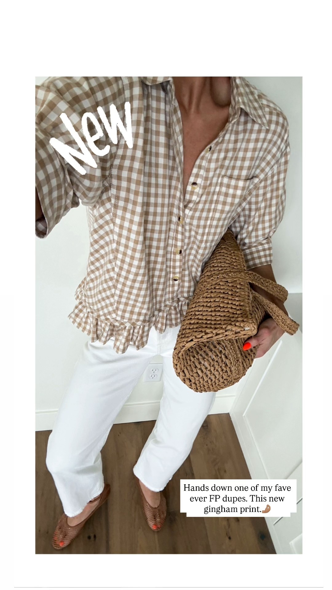This top is one of my favorite FP look for less items. Loving the new gingham print.
BEST, not see through white jeans, and mesh flats with an ankle strap detail that give a more modern feel. 
Everything fits true to size except go up one in the white jeans.
Bag is old from last year, but I’ll link similar

#LTKOver40 #LTKgrwm #LTKValentine