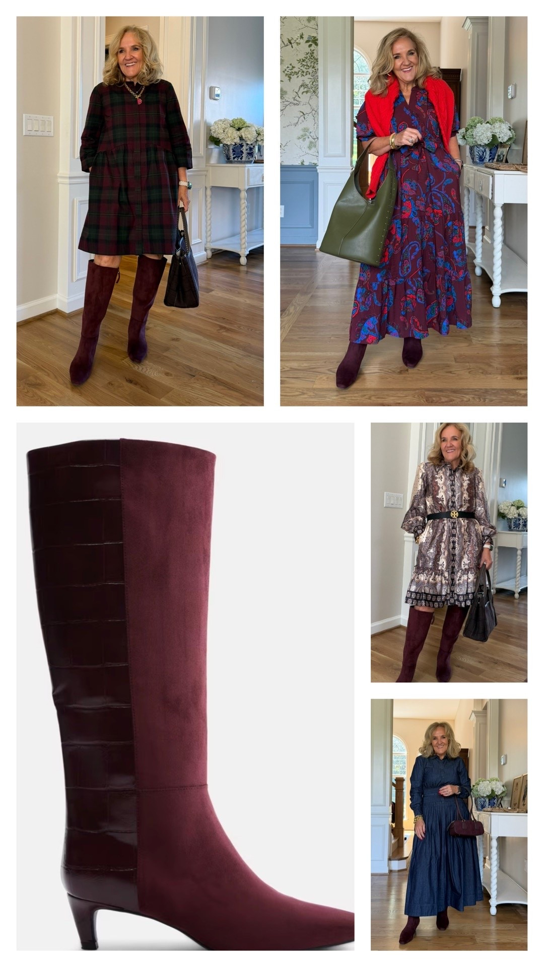 If you need dress boots and don’t want to spend a lot of money? Get these. They come in chocolate brown too. I wear my regular size. Great with longer midi dresses and short! 
Plaid dress size medium 
Paisley top tight medium 
Short paisley brown and black size 6 
Denim dress size med 

Over 40 dresses modest dresses for fall weddings the office

#LTKOver40 #LTKSaleAlert