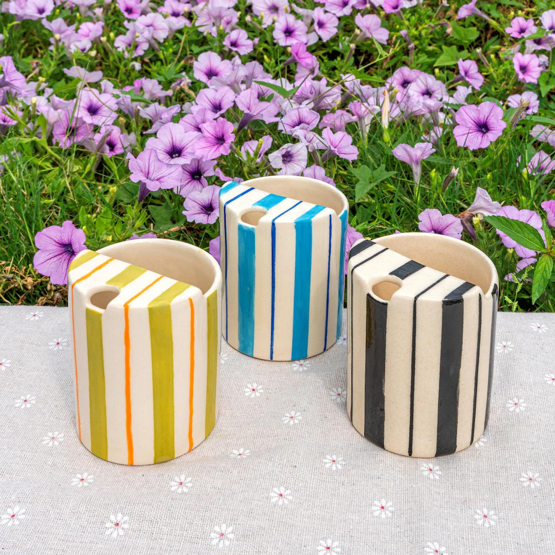 Striped Travel Tumbler, to Go Ceramic Tumbler, Handmade Pottery Mug, Hand-painted Sip Mug, Travel... | Etsy (US)