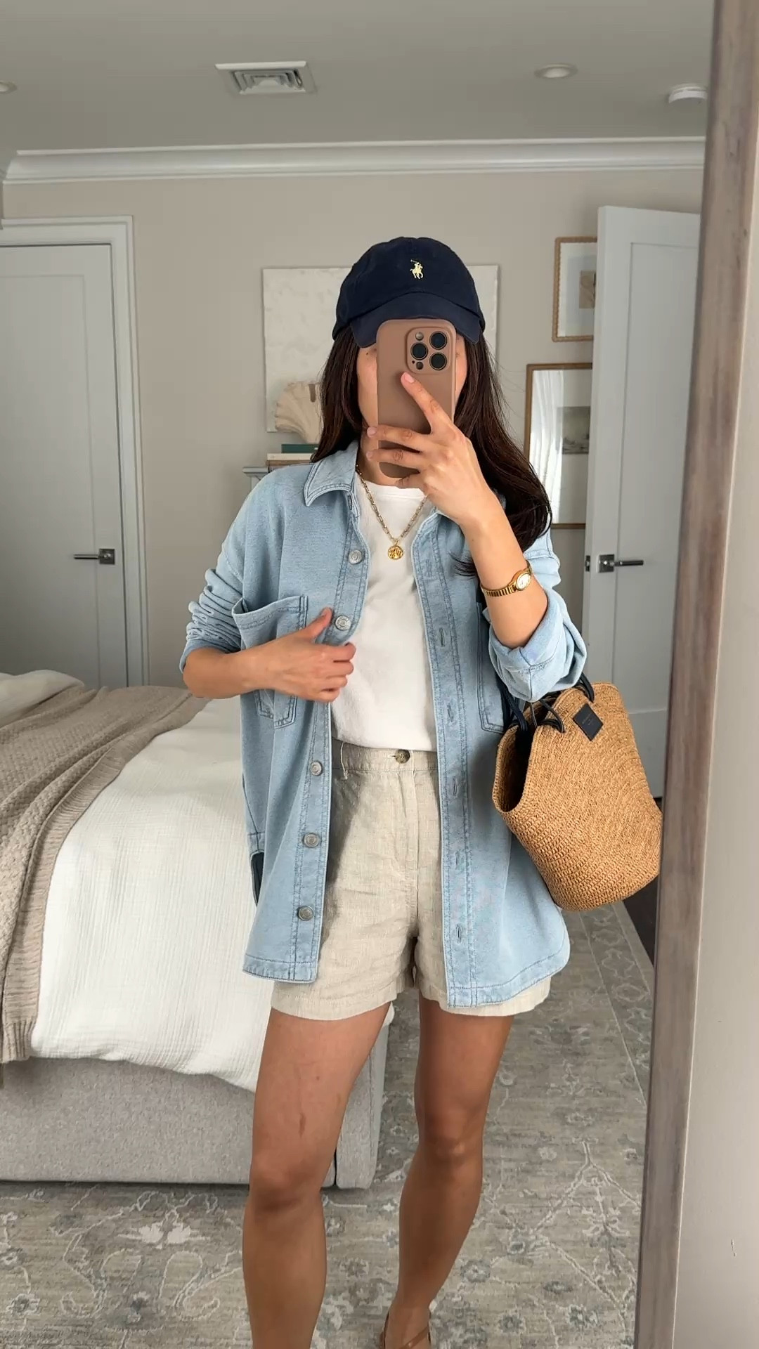 Sizing below 
• on sale: ZSupply cotton terry shirt jacket xs, oversized longer fit 
• Everlane tee size small, sized up for looser boxier fit
• Madewell linen shorts 00 is fitted on me with stretch waist
• Marc Fisher strappy sandals . I got 5.5 comfortable and sleek, no issues with the front strap
• Polo hat
• Sezane bag

#LTKSaleAlert #LTKPetite #LTKootd