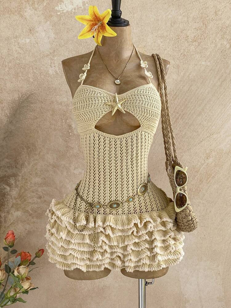 Soleia New Knitted Halter Neck Tie Strap Multi-Layer Ruffle Hem Mini Dress, Suitable For Party, Date, Valentine's Day, Easter, Carnival, Afternoon Tea, Beach, Cruise, City Vacation, Autumn/Winter Layering Knitted Bathing Suit Crochet Dresses For Women Crochet Swimsuit Women Skirt Swimsuit Set | SHEIN