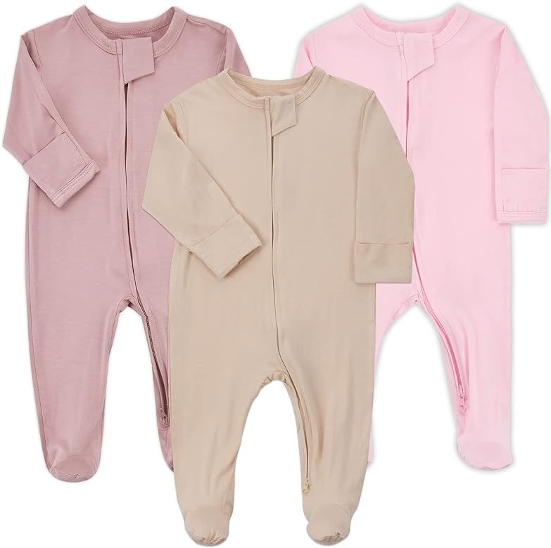 Aablexema Baby Zipper Pajamas Viscose, 3pcs Unisex Newborn Onesies with Mitten Cuffs Infant Long ... | Amazon (US)