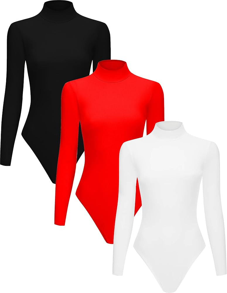3 Piece Women's Mock Turtle Neck Long Sleeve Tops Bodysuit Jumpsuit | Amazon (US)