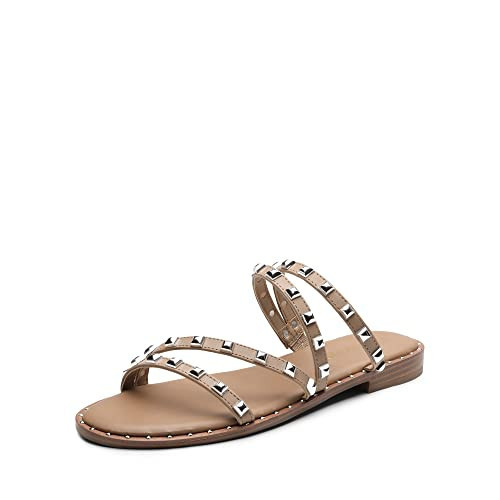 DREAM PAIRS Women's Clear Studded Rhinestone Slide Sandals Slip on Open Toe Cute Flat Sandals for Summer,Size 7.5,Nude/PU/Rivet,SDSS2213W | Amazon (US)