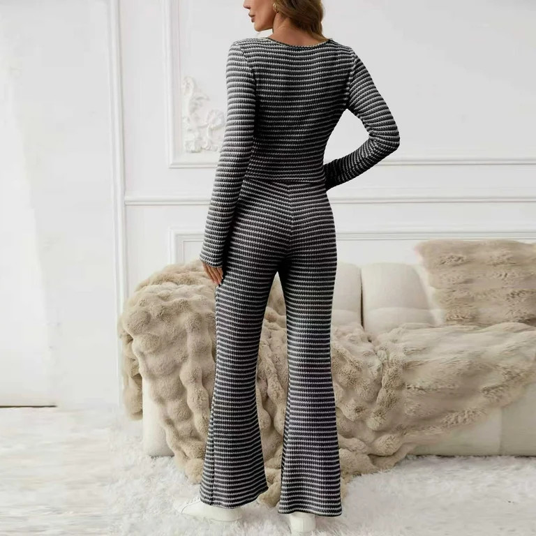 Enjoytime Womens Pajamas Stripe Crew Neck Long Sleeve Tops and Pants Loungewear Fashion Comfy Sle... | Walmart (US)