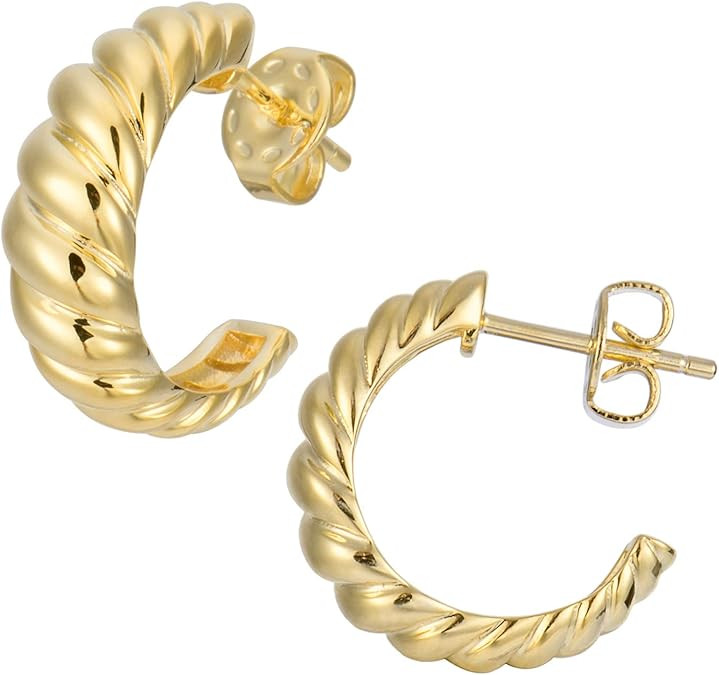 18K Gold Plated Small Gold Hoop Earrings for Women | Petite Round C-Shaped Hoops Post Stud Earrin... | Amazon (US)