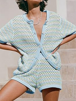 Saodimallsu Womens Crochet Swimsuit Coverup Summer Beach Sets Striped Knit Short Sleeve Button Sh... | Amazon (US)