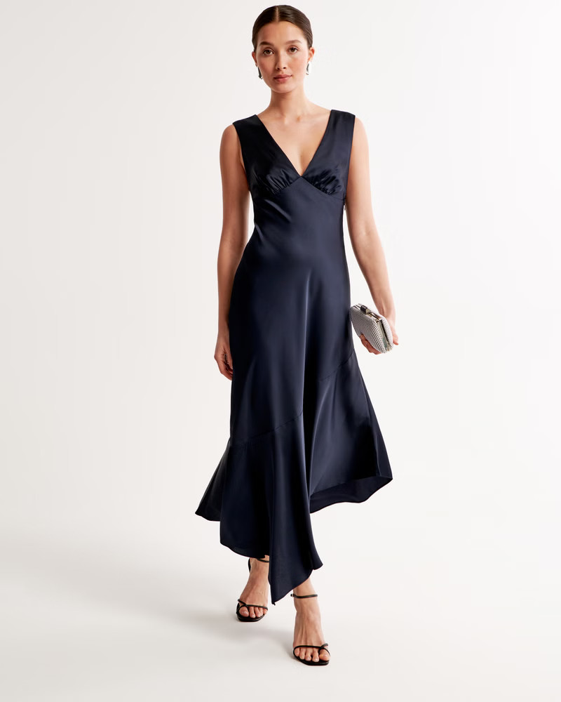 Satin Slip Asymmetrical Midi Dress | Abercrombie & Fitch (US)