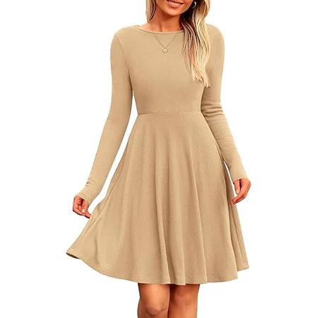 PRETTYGARDEN Women's Spring Fall Short Dress Ribbed Knit Crewneck Long Sleeve A Line Flowy Casual Elegant Going Out Dresses | Walmart (US)