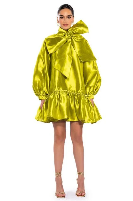 PUFF SLEEVE DROP WAIST MINI DRESS IN GREEN | AKIRA