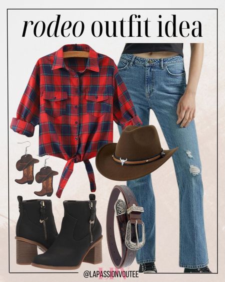 Saddle up in style with this classic rodeo look! Pair bootcut jeans with a cute plaid crop top tied at the waist for a touch of country charm. Accessorize with cowgirl earrings, a western cowgirl hat, and a stylish cowgirl belt, then complete the outfit with rugged rodeo boots for an authentic Western vibe.

#LTKfindsunder50 #LTKstyletip #LTKfindsunder100