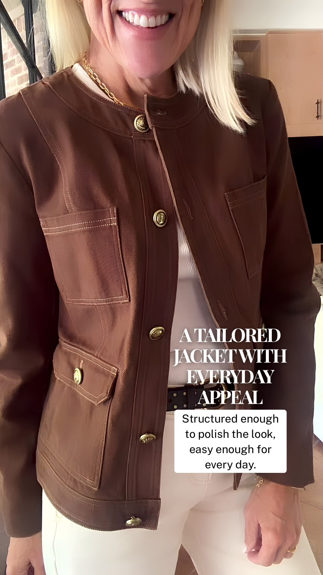 A great jacket can completely change a simple outfit. I love the tailored shape of this rich brown jacket with soft neutrals underneath, the structured details add just enough polish while still feeling easy enough for everyday wear.

#LTKootd #LTKOver40