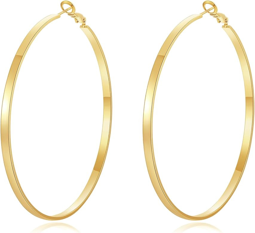 Flat Big Gold Hoop Earrings for Women 925 Sterling Silver Post Lightweight 14k Real Gold Plated 3... | Amazon (US)